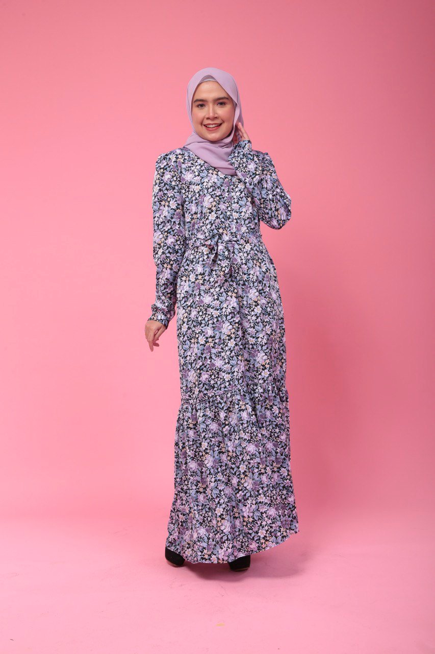 black purp floral mom (ADULT) ELISA DRESS -BLACK/PURPLE FLORAL - Image 1