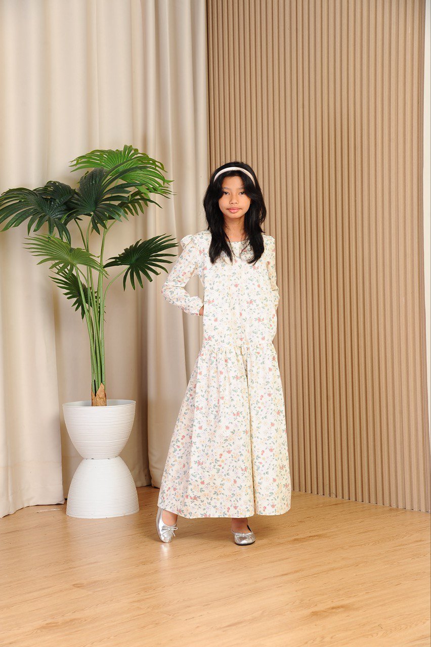 cream kids 2 (KIDS) ELLIE DRESS -CREAM FLORAL - Image 1